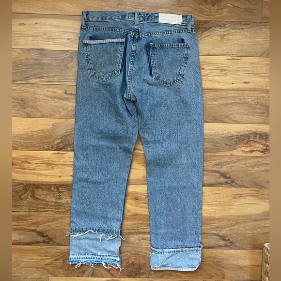 CURRENT/ELLIOTT CROPPED STRAIGHT LEG DISTRESSED PATCHES BLUE JEANS - Picture 2 of 8